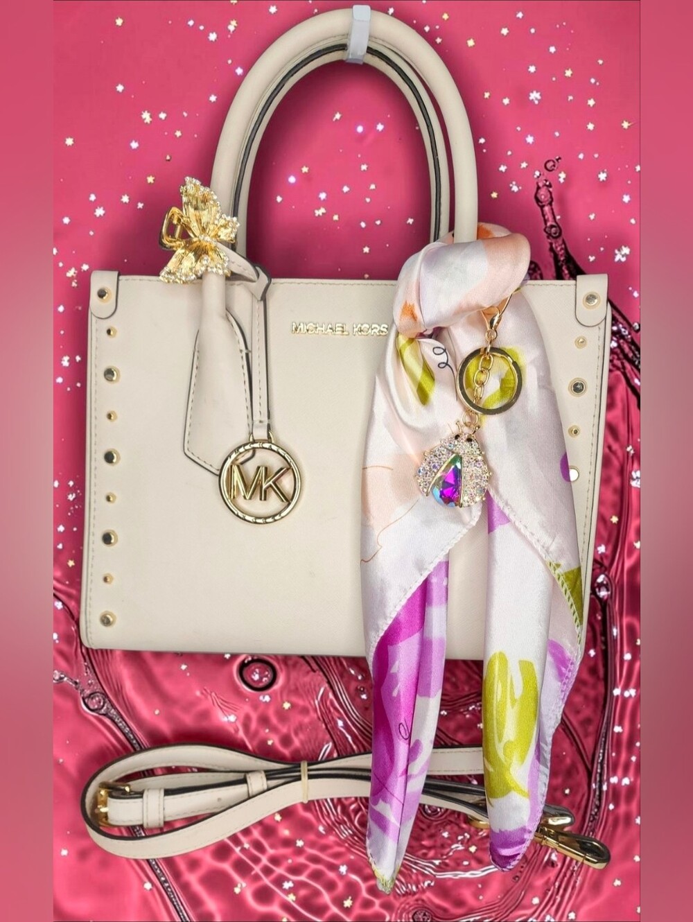 Michael Kors Maple Small Studded Saffiano Leather Satchel With Silk Scarf